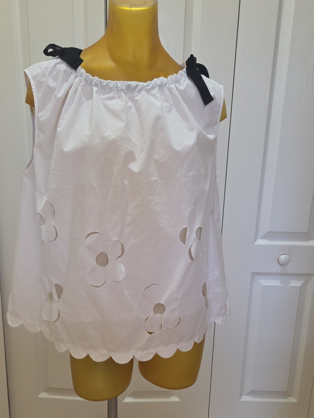 Women’s White Eyelet Floral Tank Top with Black Tie Straps